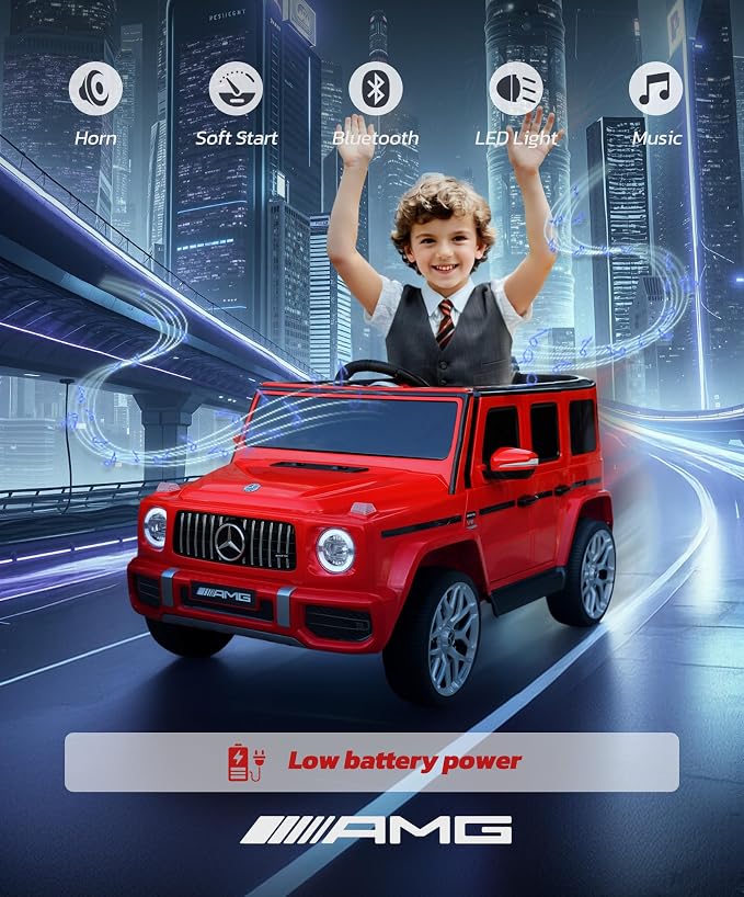 ELEMARA Licensed Mercedes-Benz AMG G63 Ride on Toys,Drivable Car for Toddler,Kids' Electric Vehicles,Dual Mode of Flashing Light/LED Light,Low Battery Prompt,Bluetooth,Music& Horn,Soft Start,Red