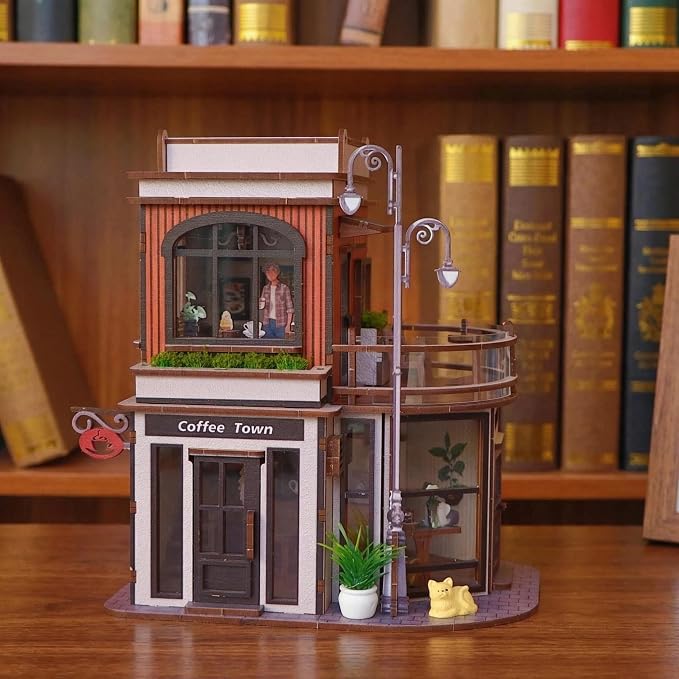 DIY Book Nook Kit, DIY Miniature House Wooden Coffee Shop Dollhouse with LED Light, 3D Wooden Puzzle for Adults & Teens Creative Bookshelf Decor, Craft Hobby Gift