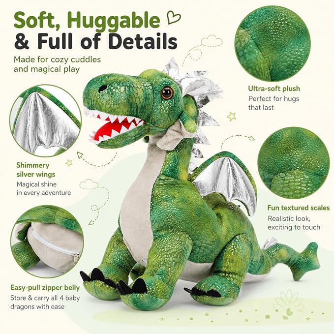 7Pcs Giant Green Dragon Plush Toy Set, 21.7" Big Mother Dragon Stuffed Animal with 4 Babies & 2 Eggs, Stuffed Dinosaurs for Kids Boys Girls, Cute Soft Plushies Gift for Birthday Christmas
