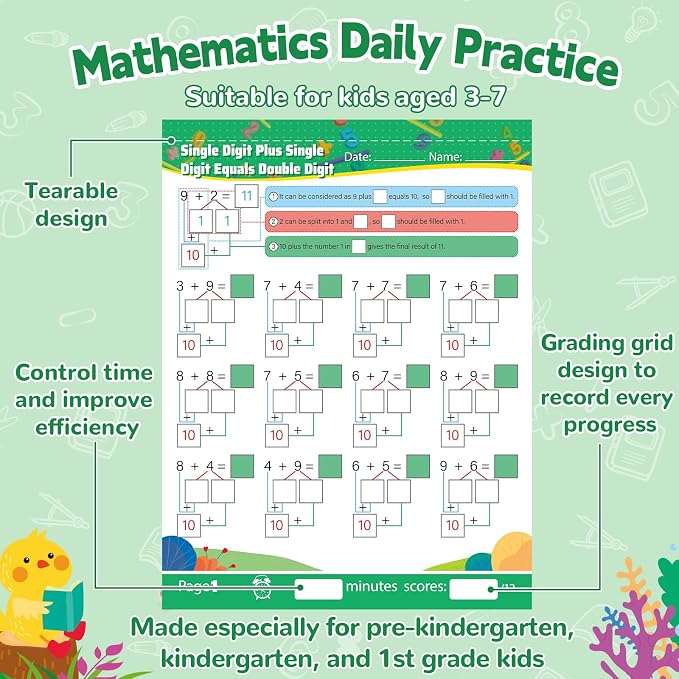 Addition and Subtraction Workbook 1st Grade Math Workbook Math Worksheets Single&Double Digit Numbers Practice Math Worksheets for Home School, 56 Pages Front and Back, 5 Question Types
