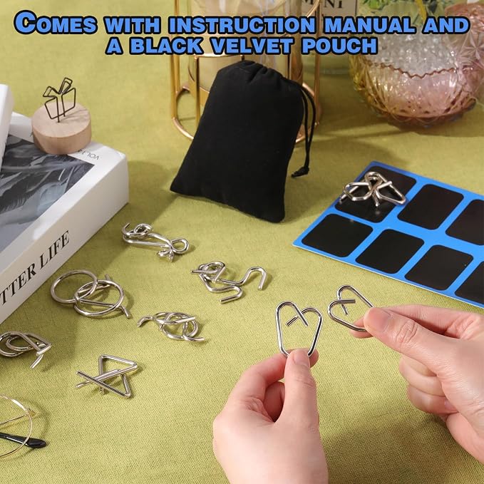Metal Wire Puzzle Set of 8 with Pouch, Brain Teaser Puzzles IQ Test Ring Disentanglement Unlock Interlock Game Trick Metal for Party Favor Challenge(C Style)