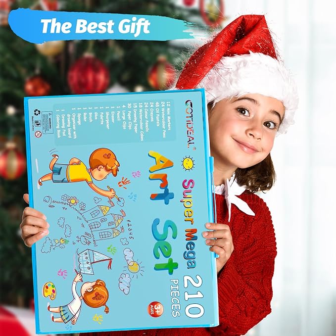 GOTIDEAL Kids Art Set,Art Supplies for Kids,210 PCS Art Kit with Double Sided Trifold Easel,Coloring Book, Crayons, Markers, Watercolor Pens, Arts & Crafts,Gift for 4-12 Year Old (Blue)