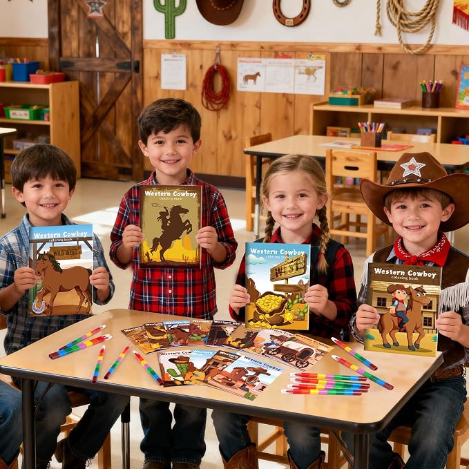 BenLouis 24 Pcs Western Cowboy Mini Coloring Books Kids Wild West Party Favors Small Activity Books Bulk for Kids Yee Haw Rodeo Horse Birthday Horse Goodie Bags Stuffers Return Gifts Classroom Travel