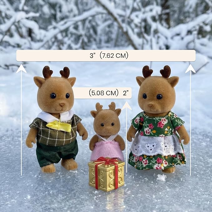 Family Brown Deer Figures — Set of 3 Collectible Flocked Mini Dolls with Removable Clothes, Dollhouse Pretend Play Set for Kids Ages 3+