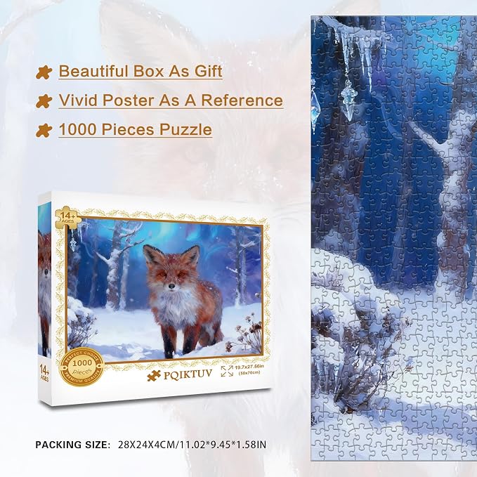 Puzzles for Adults 1000 Piece, Fox in the Snow Jigsaw Puzzles | with Letters on Back, Fun Gift Impossible Puzzles, No Dust Family Decoration Gifts for Women Men(27.56x19.7 Inch)