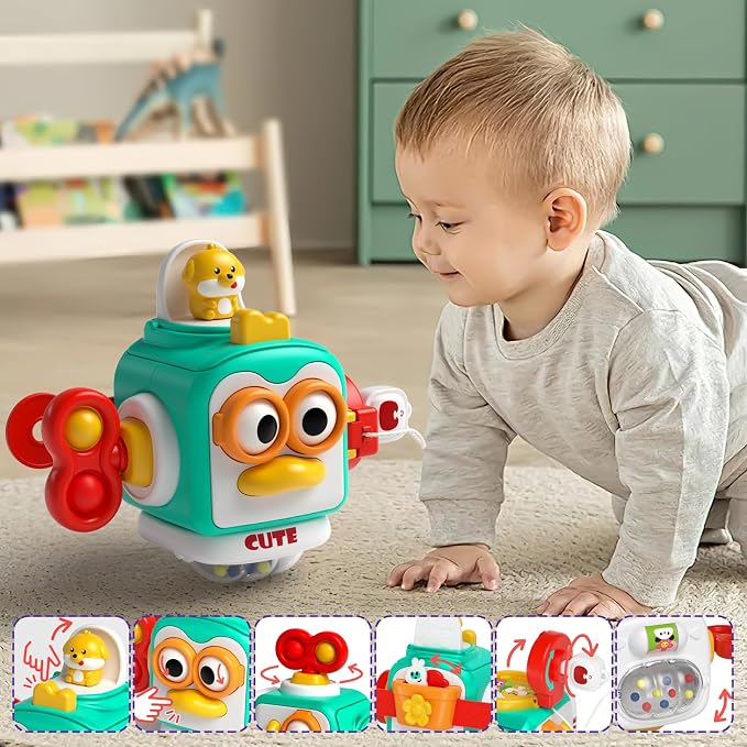 usrela 4 in 1 Baby Toy for 12 18 Month, Learning Toys for Babies 12-18 Months, Baby Busy Cube, Stacking Sorter, Pull String & Piano Xylophone Travel Toy, Birthday Gift for 1 2 Year Old