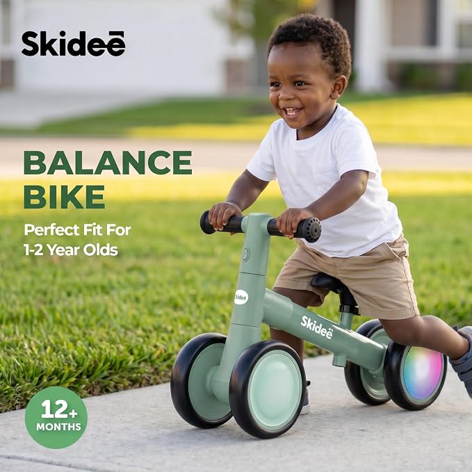 SKIDEE Toddler Balance Bike 1-3, 4-Wheel Balance Bike with Rare Light-Motion-Activated LED Wheels, Adjustable Height & Child Safe Steering, Lightweight Ride-On Toy Training Bike for Boys & Girls