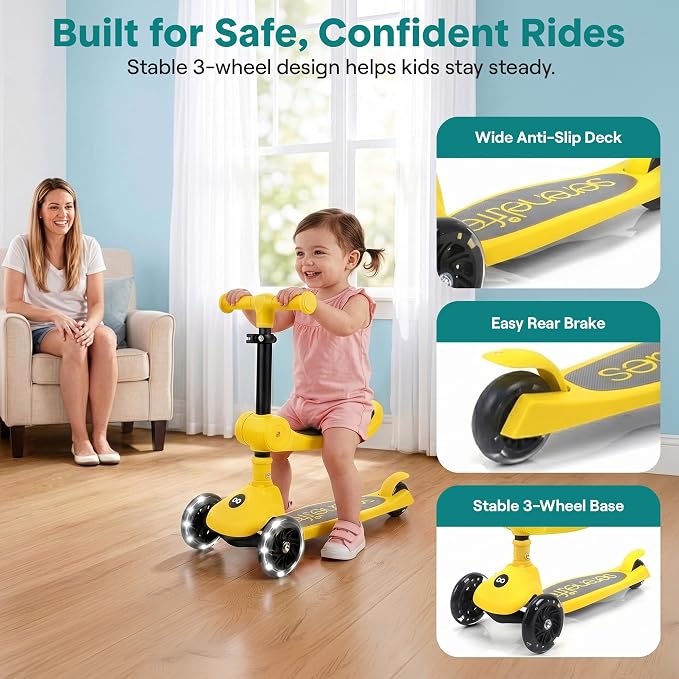 SereneLife 3 Wheel Scooter for Toddlers & Kids, Foldable Seat, LED Wheels, Adjustable Handlebar, Anti-Slip Deck, Rear Foot Brake, Lean-to-Steer, Kid Scooter Ages 18M–7Y, Supports up to 110 lbs, Yellow