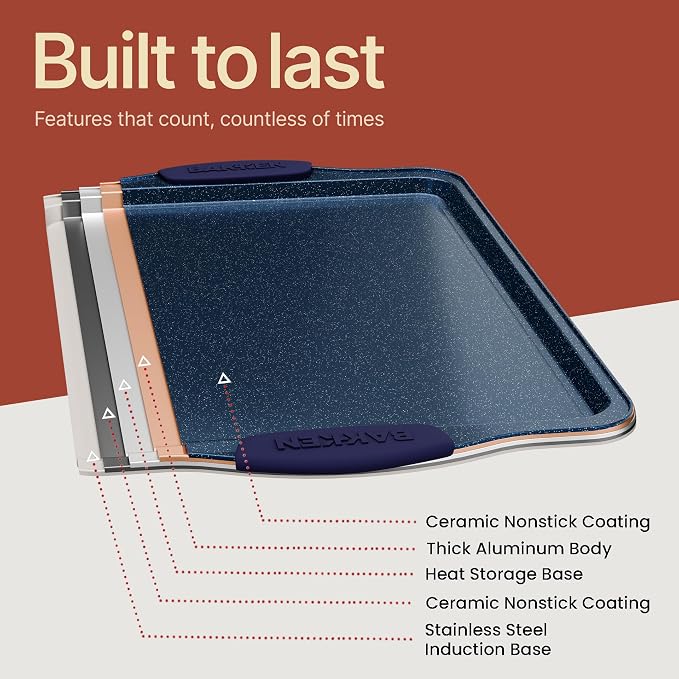 BAKKEN Kitchen Baking Pan Set - Nonstick Coating, Carbon Steel Bakeware Sets with Blue Silicone Handles, Baking Kitchen Essentials, PFOA, PFOS, PTFE Free, Oven Safe Tray (Up To 450° F), Set of 10