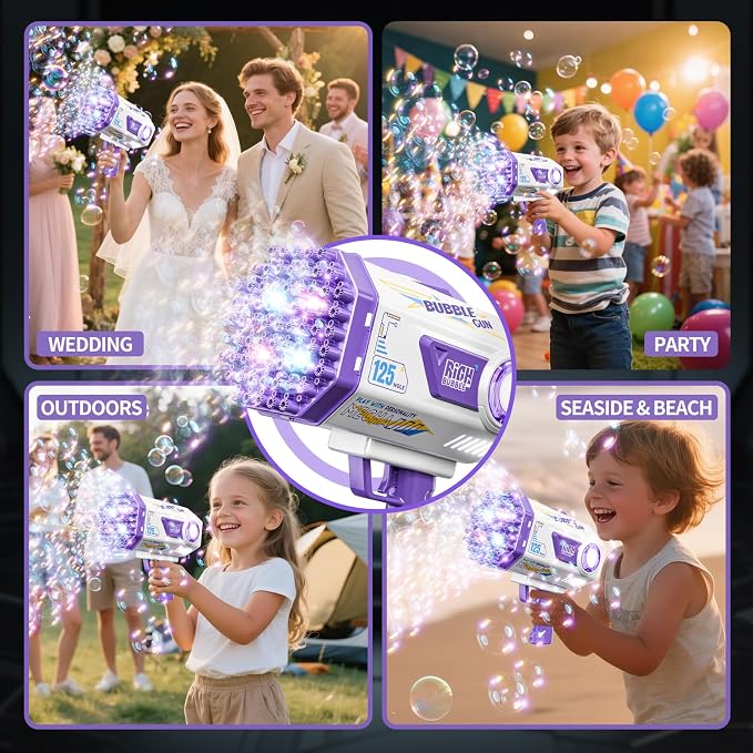 Deserthome Bubble Gun, 125 Holes Bubble Machine Gun, Bubble Blaster Gun for Kids, Rechargeable Bubble Gun with Bubble Solution, Easter Toy Party Favors Bubble Maker for Wedding Birthday (Purple)