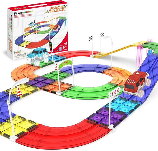 PicassoTiles 45pc Magnetic Tiles Race Track Set With 2 Racing Cars Plus Traffic Accessory Kit STEM Educational Learning Construction Building Magnet Tile Toy For Toddlers Boys Girls Kids Age 3+ PTR451