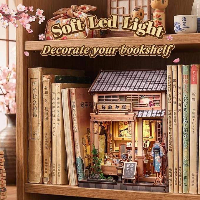 Cutefun Book Nook Kit - DIY Miniature Dollhouse Kit for Adults, Teens and Beginners, Japanese Sakura Tiny House Bookshelf Decor 3D Wooden Puzzles, Gifts for Friends & Family (Sakura Kimono Shop)