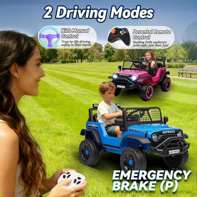 24V Ride on Toys w/Remote Control, 4WD Kids Ride on Truck Car, 3 Speed, Bluetooth Music, Wide Seat, Spring Suspension, LED Light, Birthday for Boys Girls Toddler (Black+Blue)