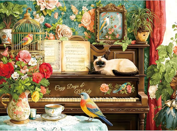 500 Piece Jigsaw Puzzle for Adults –Cat Piano Flowers Jigsaw Puzzles 500 Pieces, Vintage Floral Wallpaper Puzzles for Adults 500 Pieces, Challenging Perfect for Game Nights, 20.5 X 15 in
