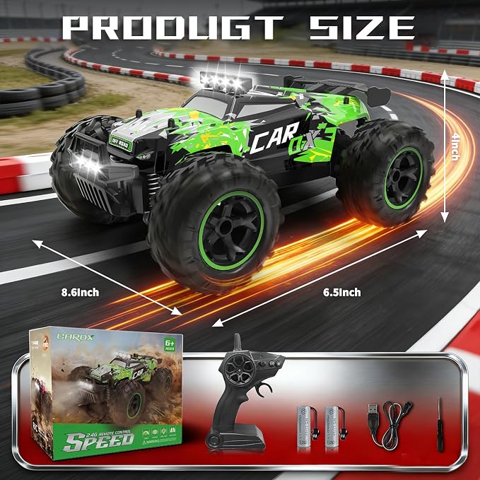 Carox Remote Control Car, 2.4GHz 26KM/H High Speed RC Car, 1:18 Off-Road Monster Truck with LED Lights, Proportional Throttle & 1800mAh Rechargeable Batteries – Ideal Gift for Boys 6+ (GRE)
