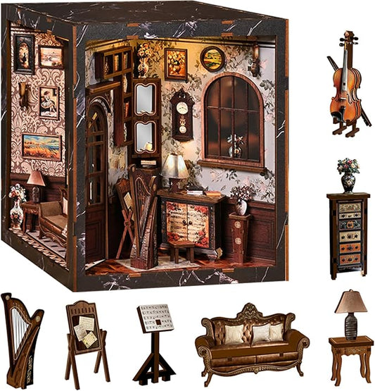 Roroom Book Nook Kits for Adults, DIY Book Nook Kit with LED Light, 3D Wooden Puzzle Miniature House Kit for Bookshelf Decor-Creative Crafts for Family and Friends(European Melody)