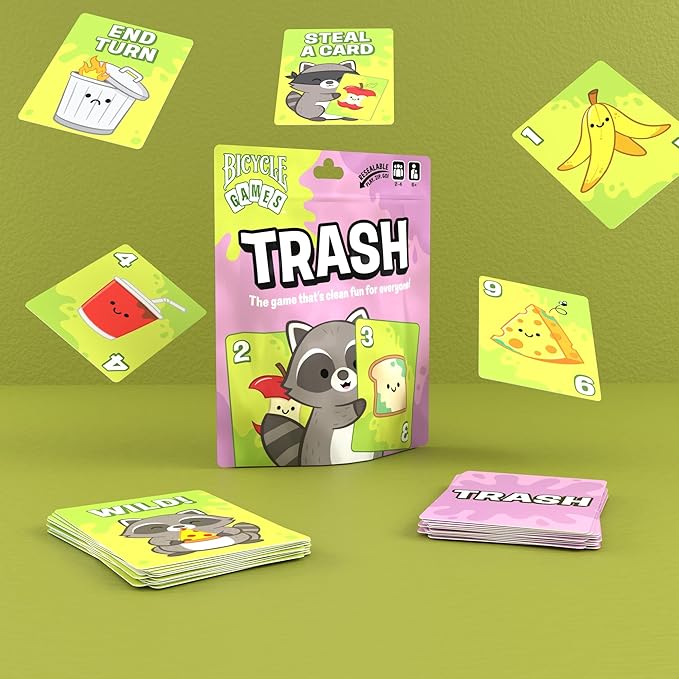 Bicycle Trash Card Game – Fast‑Paced Family Card Game for Kids & Adults, Easy‑to‑Learn Travel Game, Includes Custom Cute Trash Panda Raccoon Deck and Instructions, Fun Strategy Game for Game Night
