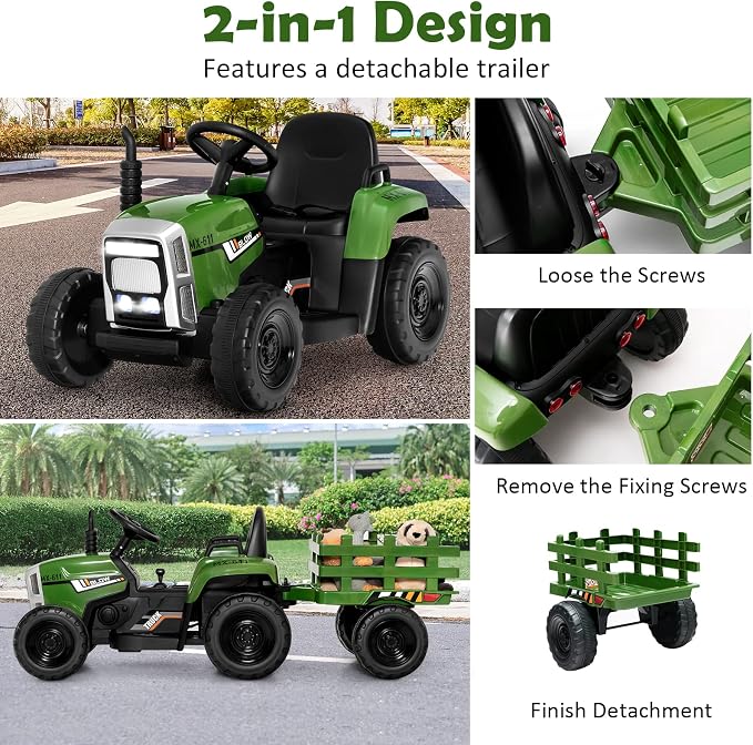 HONEY JOY Ride On Tractor with Trailer, Toddler 3-Gear-Shift Ground Loader, LED Lights, Horn, Music, 12V Battery Powered Electric Toy Tractor with Remote Control(Dark Green)