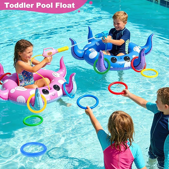 2 Pack Octopus Kids Pool Floats with Water Gun & Ring Toss Game, Summer Swimming Inflatable Pool Toys for Kids Ages 3-8, Outdoor Beach Water Play Gifts for Toddlers (Blue & Pink)