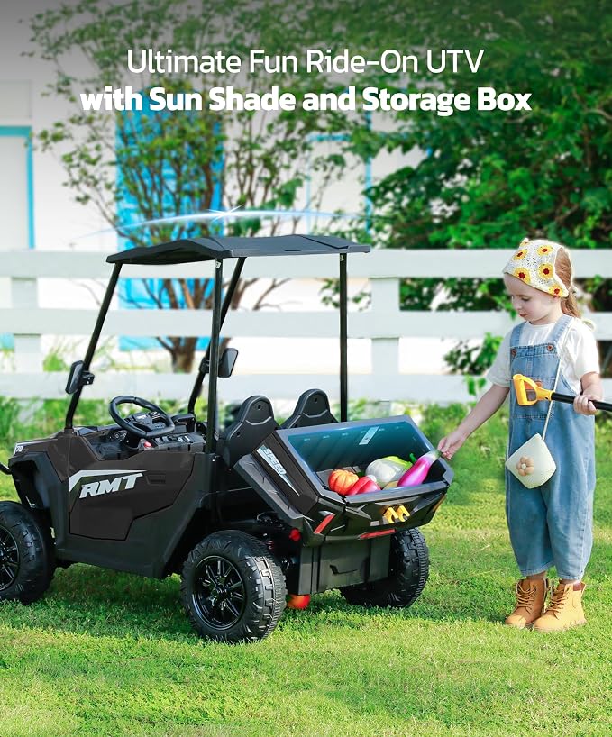 ELEMARA 24V Ride on Toy for Big Kid,Ride on Car 2 Seater w/Sun Shade,Dump Bed & Shovel,4.5MPH,4WD Electric Car for Kids,Battery Car w/Remote,Kids Ride on Truck,3 Speed,LED Lights,Bluetooth, Dark Black