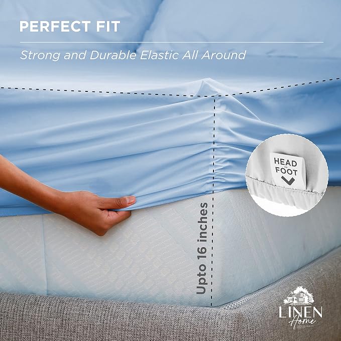 Linen Home 6 Piece King Cotton Sheet Set, 100% Cotton Percale, 4 Pillowcases, Deep Pocket with All Around Elastic Sheet, Crisp Breathable Bedding, Hotel Luxury, Long-Staple Combed Cotton, Baby Blue