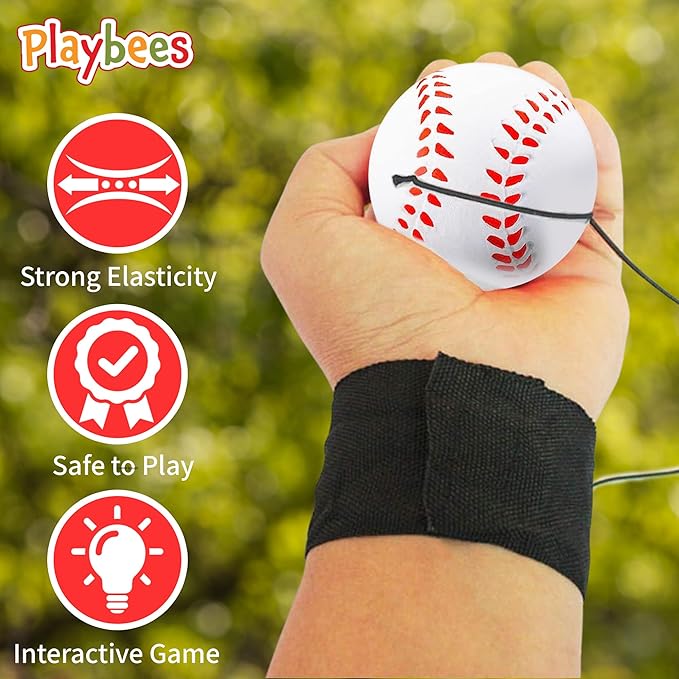 Playbees Reactive Practice Baseballs (3 Pack) – Personal Wrist Return Trainer for Solo Pitching & Catching Practice – High-Elastic Training Ball for Kids & Beginners – Compact Travel Set