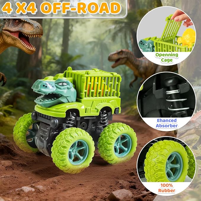 Beestech Dinosaur Toys for 2 3 4 5 Year Old Boys, Push & Pull Friction Powered Dinosaur Monster Truck Vehicles for Toddlers Preschoolers Birthday Gifts