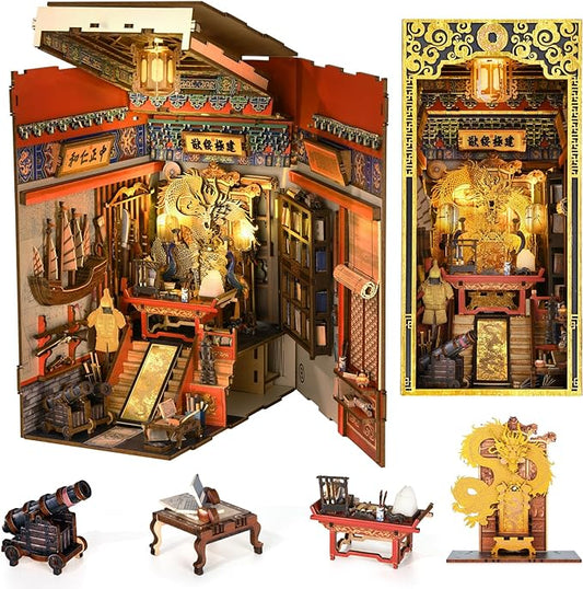 MiniCity DIY Book Nook Kit for Adults, 3D Wooden Puzzle Bookend Bookshelf Insert Decor with LED Light and Dust Cover (The Emperor's Study)