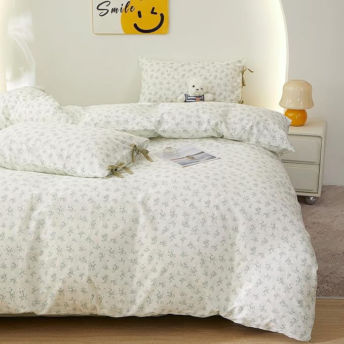 Twin XL Comforter Set Vintage Floral Comforter Bedding Set, Aesthetic Coquette Botanical Green Flowers Comforter with 2 Bow Ties Pillowcases, Lightweight Cottagecore Comforter Set for All Season