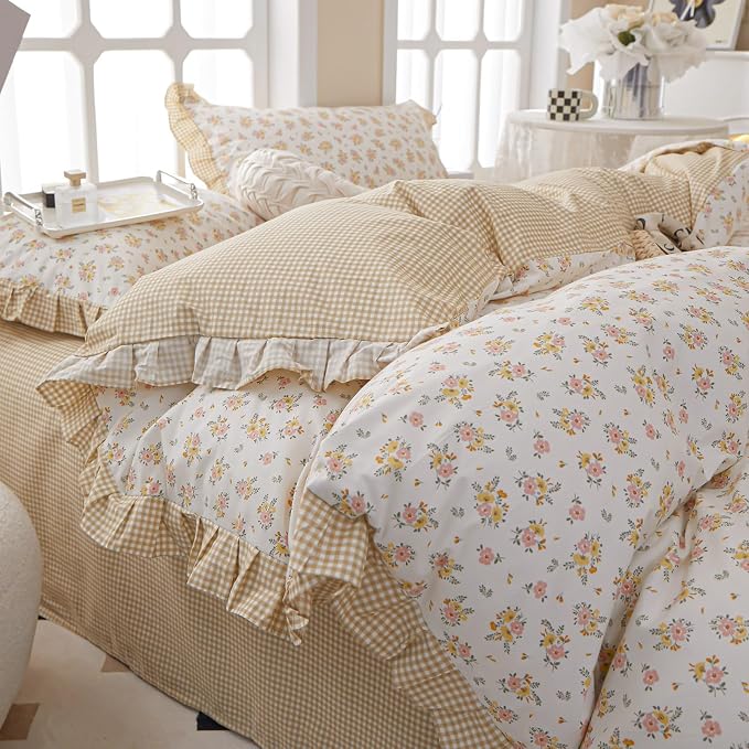 Ruffle Floral Comforter Set King 3 Pieces Vintage Flowers Pattern Romantic Ruffled Comforter with 2 Pillowcases Fluffy Soft Cottagecore Bedding Set Farmhouse Flowers Botanical Comforter Set King