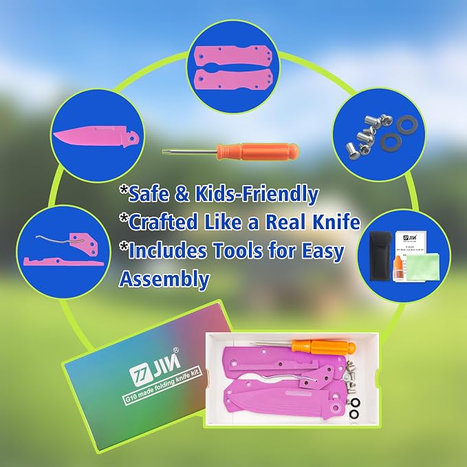 JIN Alpha Kids Pocket Knife, Fidget Toy, DIY Making Kit, Folding EDC, Fake Knives, Safe for Kids, Pink G10 Blade & Handle, Girls Gift, Camping Tool