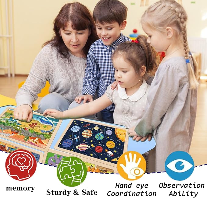 Puzzles for Kids Ages 4-6, 4 Packs 24 Piece Wooden Jigsaw Puzzles for Toddlers 3-5 Preschool Educational Puzzles Boards Toys Gifts for 3 4 5 6 Boys Girls