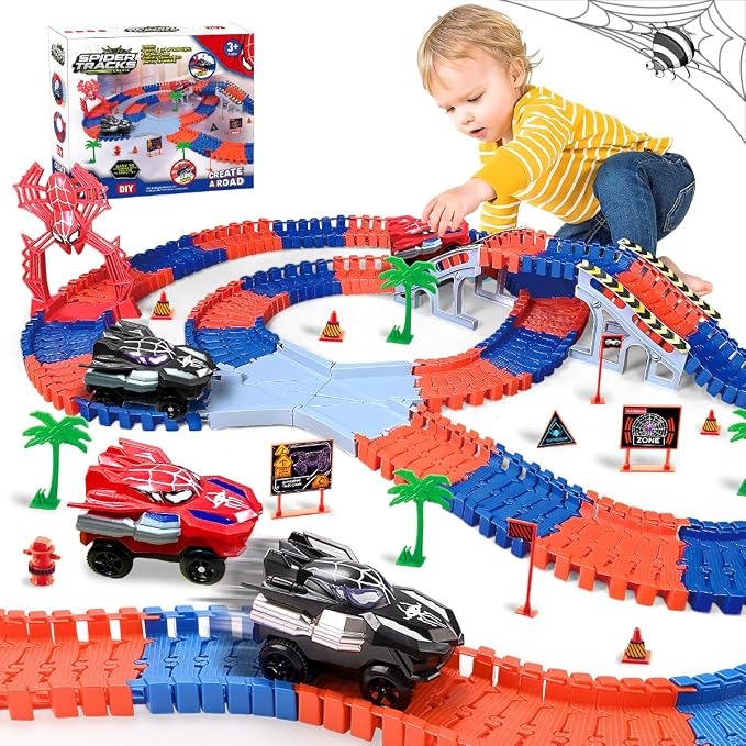 KaeKid Spider Race Track for Boys 3-8, 212PCS Race Car Track with 2 Spider Cars, DIY Flexible Track Playset, Toddler Toys Birthday Gifts for Kids