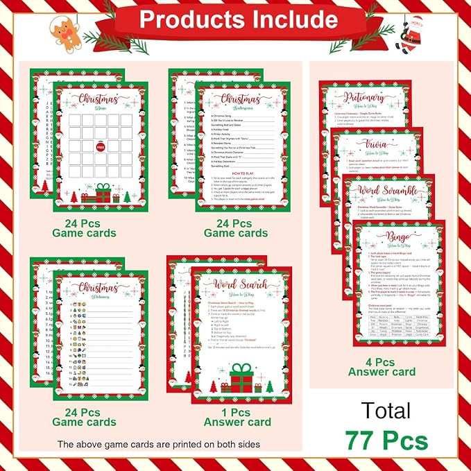 Biswiter Christmas Games for Family Party Supplies, Christmas Activities Word Search Scramble Bingo Trivia Pictionary Categories and Answer Keys for Family