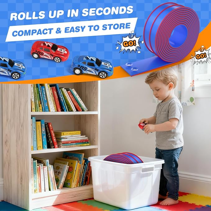 15 Ft Flexible Race Track for Kids, DIY Car Track Set with 3 Suction Cup Ramps, Easter Basket Stuffers for Teens & Boys Girls, Creative Easter Gifts for Kids, Sky Blue