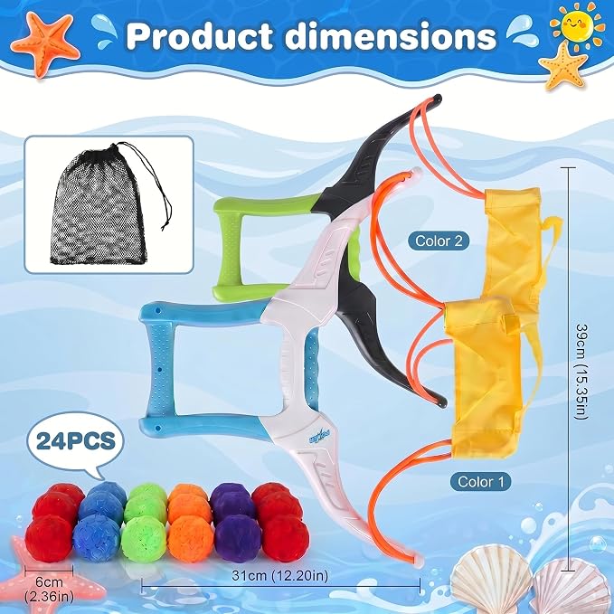Water Balloon Launcher, 2 Bow Launchers Toy with 24 Pcs Reusable Water Absorption Cotton Balls, Outdoor Summer Yard Water Games and Pool Beach Activities for Family