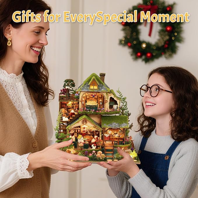 DIY Miniature House Kit with LED Lights, Forest Adventure Wooden Mini House Building Kit for Adults & Teens, Creative Crafts for Women, Friends & Hobbyists