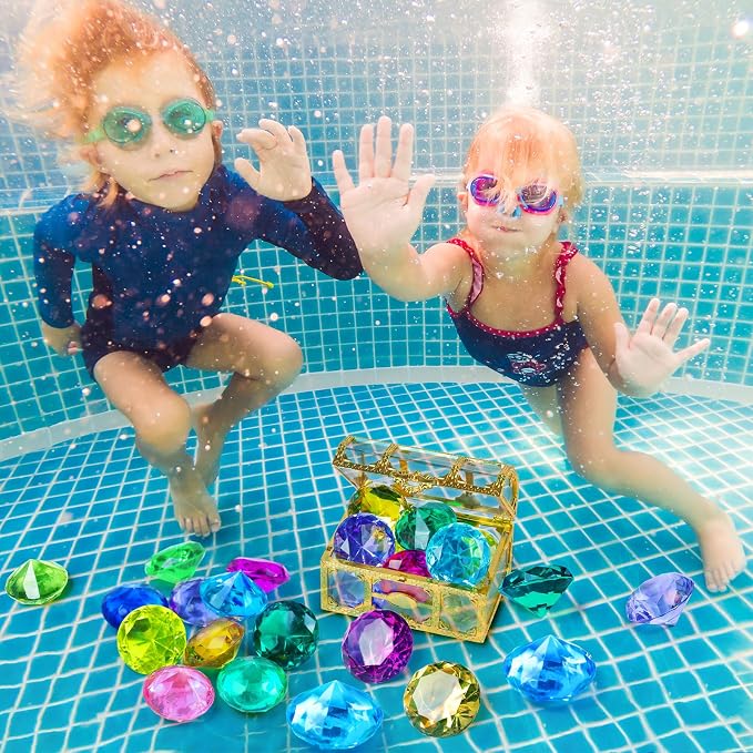 DISHIO Large Diving Gem Pool Toys with Golden Treasure Box, 10PCS Colorful Acrylic Diamonds Set for Summer Swimming Underwater Training, Pirate Party Favors, Bath Toys for Kids Gold