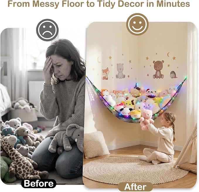 Unicorn Castle Stuffed Animals Net or Hammock Kids Toy Storage Organizer with LED Light Hanging Corner Stuffed Animals Holder Kids Girls Room Decor,Black,Large (Pack of 1)