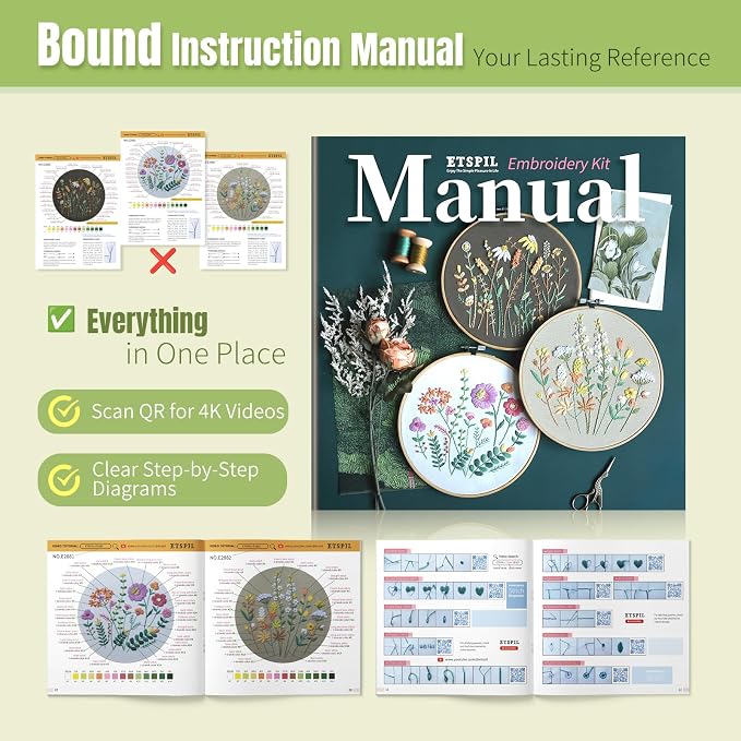 ETSPIL Beginner Embroidery Kit for Adults, 4K HD Video Tutorials, Pre-Printed Botanical Floral Designs, Essential Stitches & Bound Guide, Relaxing Screen-Free Activity for Women at Home