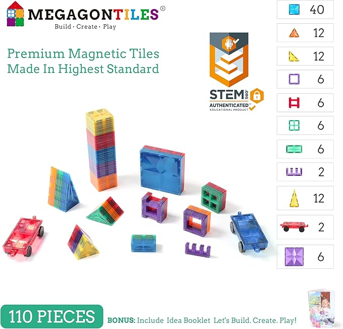 MEGAGONTILES 110PCS Premium Magnetic Tiles Set | STEM-Authenticated Magnetic Building Blocks | Educational Construction Toy for Kids Ages 3–8 (Boys & Girls)