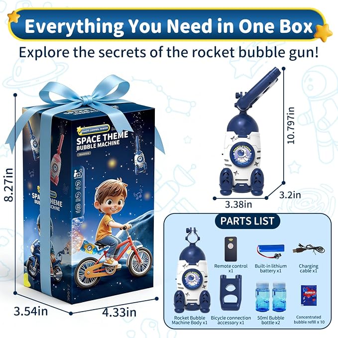Bubble Gun for Kids, Automatic Rocket Bubble Machine, Handheld & Bicycle Use, Rechargeable Bubble Blower with Solution & LED Light, Summer Outdoor Toy, Gift for Boys Girls Age 3 4 5 6 7 8-12(White)