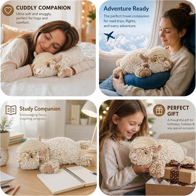 Microwavable Highland Cow Stuffed Animal, 1.4Lb Weighted Stuffed Animals Heating Pad with Lavender Scent, Cozy Warm Plush Toy for Kids,Girls,Women, Cute Soft Gift for Bedtime, Relax & Comfort