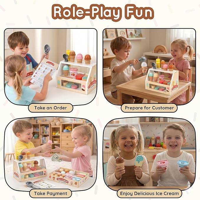 WHOHOLL Wooden Ice Cream Toys Kids Play Store Pretend Toy for Toddlers, Play Kitchen Accessories with Scoop, Menu, Ice Cream Play Set Birthday for 3 4 5 6 Year Old Girls Boys