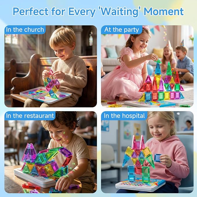 Mini Magnetic Tiles for Kids Travel: 40 PCS Pocket Magnet Building Blocks in Tin Box to Stop Crying - 60 Mins Quiet Play at Church Restaurant - Boys Girls Age 3-8