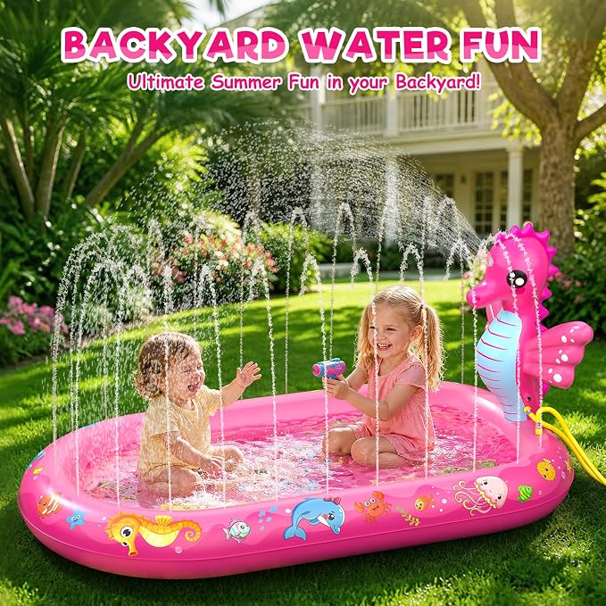 Splash Pad for Toddlers, 3-in-1 Seahorse Inflatable Baby Pool Sprinkler for Kids, Baby Splash Pads Outdoor Play Mat, Backyard Summer Water Toys Birthday Gift for 1+ Year Old Girls Kids