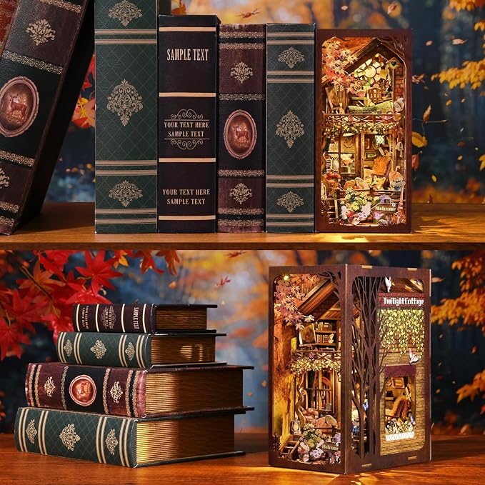 TOYQI Book Nook Kit, Book Nook Kits for Adults | DIY Miniature Dollhouse Kit 3D Wooden Puzzle Booknook Bookend with LED Light