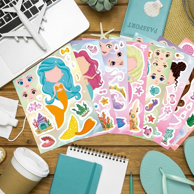 DUJAA 24 Sheets Mermaid Stickers for Kids, Make Your Own Mermaid Stickers, Mermaid Themed Art Craft Supplies