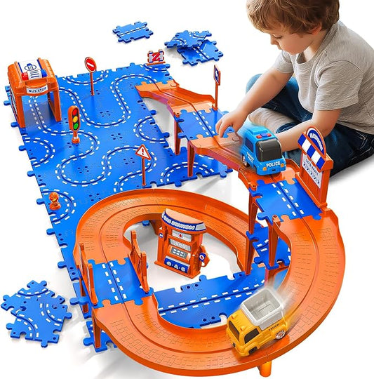 Toddler Toys for 3 4 5 6 Year Old Boys Kids Girls, 59 Pcs Puzzle Track Car Set for Kids Boys Toddlers 3-5 4-6, 3-Tier Puzzle Race Tracks Car Toys Set, Race Track Birthday for Toddlers