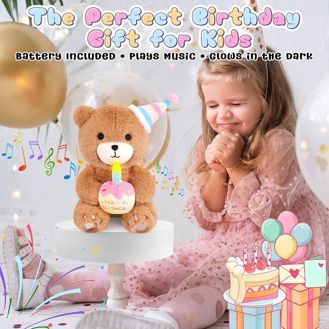 Birthday Teddy Bear Plush Toy- Happy Birthday Singing & Glow Stuffed Animal, Musical Dancing Bear Stuffed Animal with Light-Up Cake, Singing Toy Party Doll Decor Gift for Kids Boys Girls